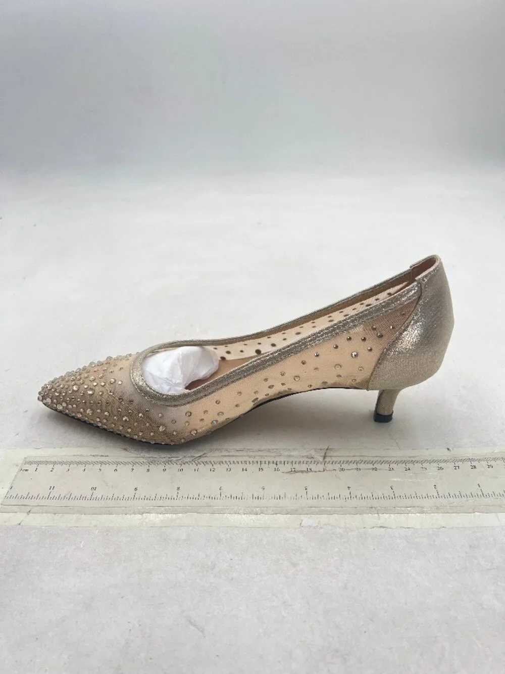 XYD Champagne Closed Toe Slip On Graceful Mesh Pumps Rhinestone Studs Shoes